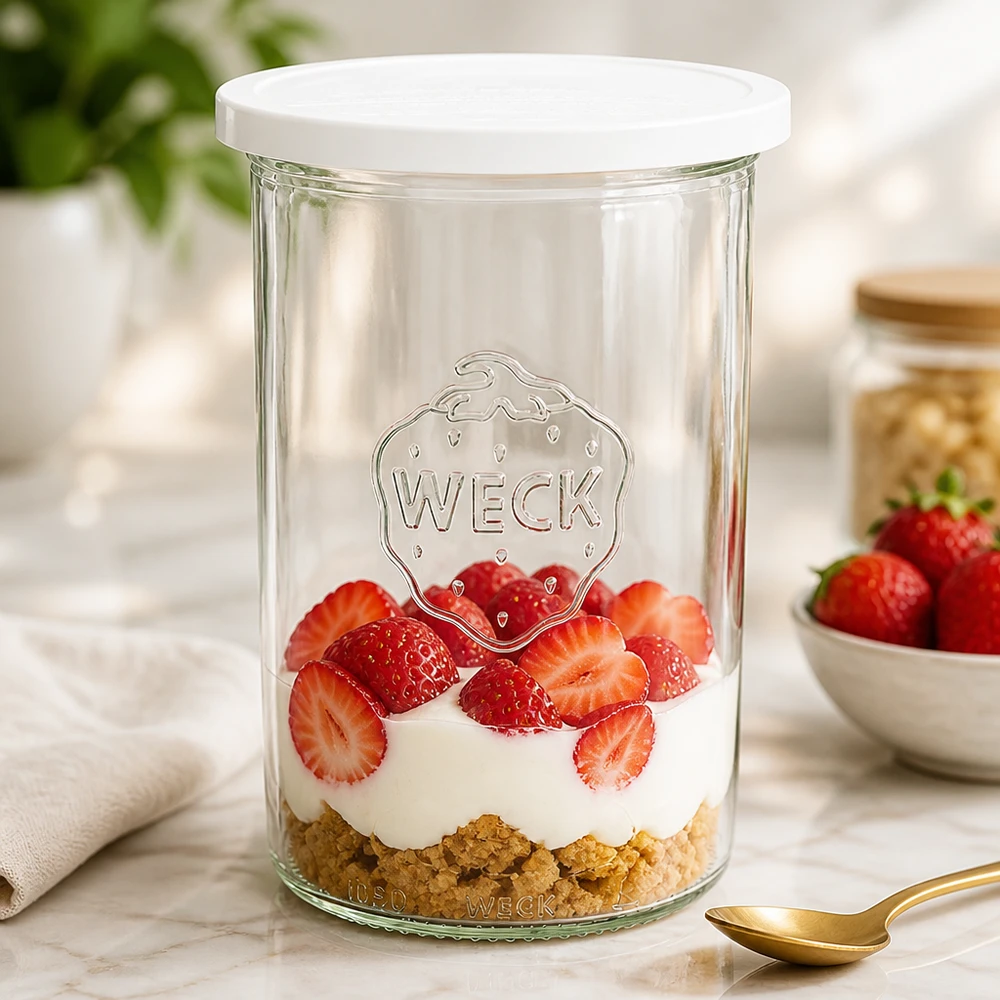 WECK 1000ml inmaakpot als dessertpot gevuld met aardbeien en slagroom laat het veelzijdige gebruik van de RR100 inmaakpot zien