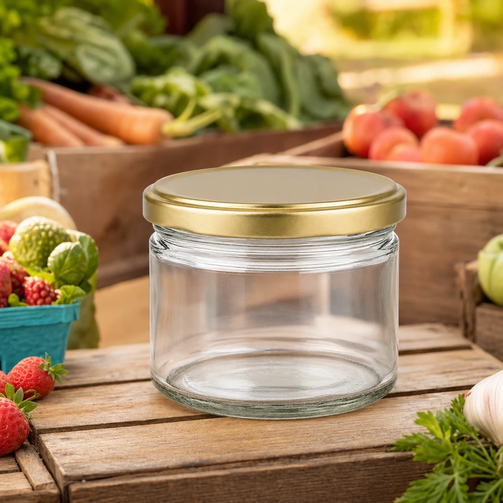 Honingpot 700 g met gouden deksel BasicSeal UNiTWIST 700g BasicSeal honingpot leeg met gouden deksel op houten plank omringd door vers fruit en groenten van de markt