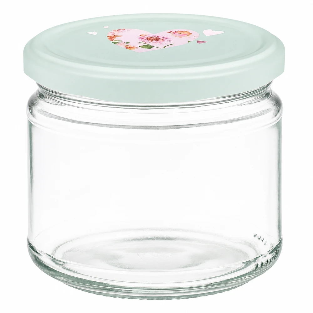 Ronde pot van 330 ml + deksel BasicSeal mint hart UNiTWIST 330ml ronde pot met mintgroen BasicSeal deksel hartjesmotief inmaakpot voorraadpot leeg transparant
