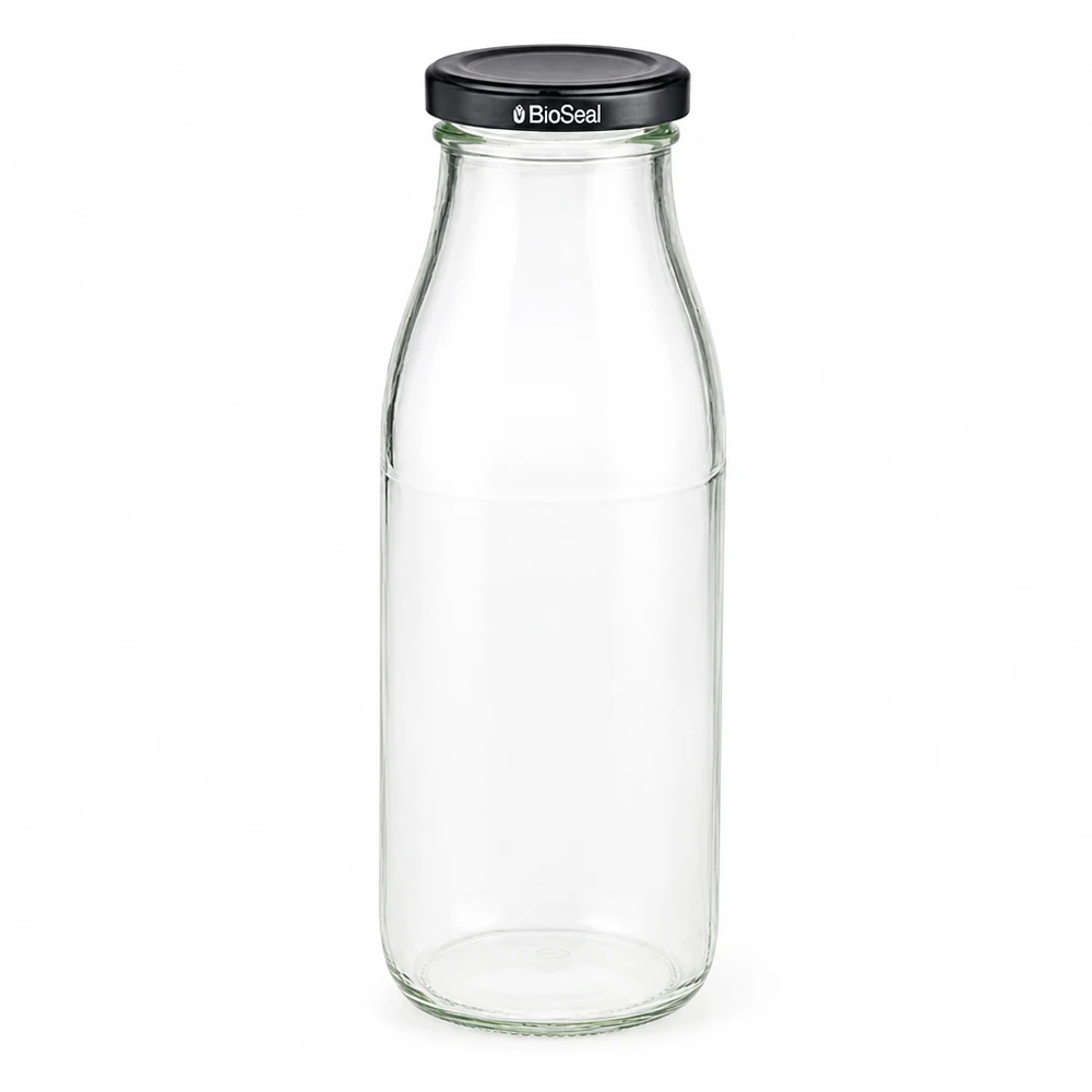 500ml fles met BioSeal deksel zwart UNiTWIST 500ml glazen fles met zwart BioSeal deksel leeg en transparant voor drankjes en opslag