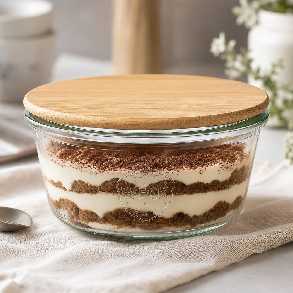 WECK beker 290ml RR100 gevuld met tiramisu en bamboe houten deksel, dessertpot in een elegante keukensetting