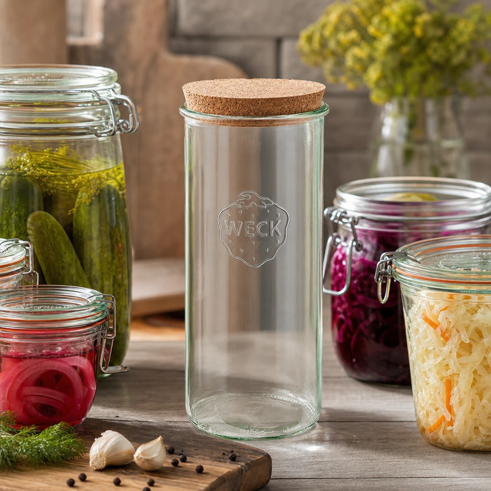 WECK Mason pot 1500ml RR100 Keukenscène met augurken zuurkool rode uien Kurkdeksel Inmaken