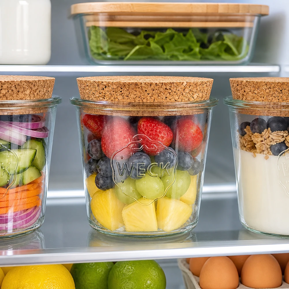 580ml stortglas WECK RR100 met kurk WECK 580 ml RR100 pot met kurkdeksel in de koelkast met vers fruit, bessen en organisatie voor maaltijdbereiding
