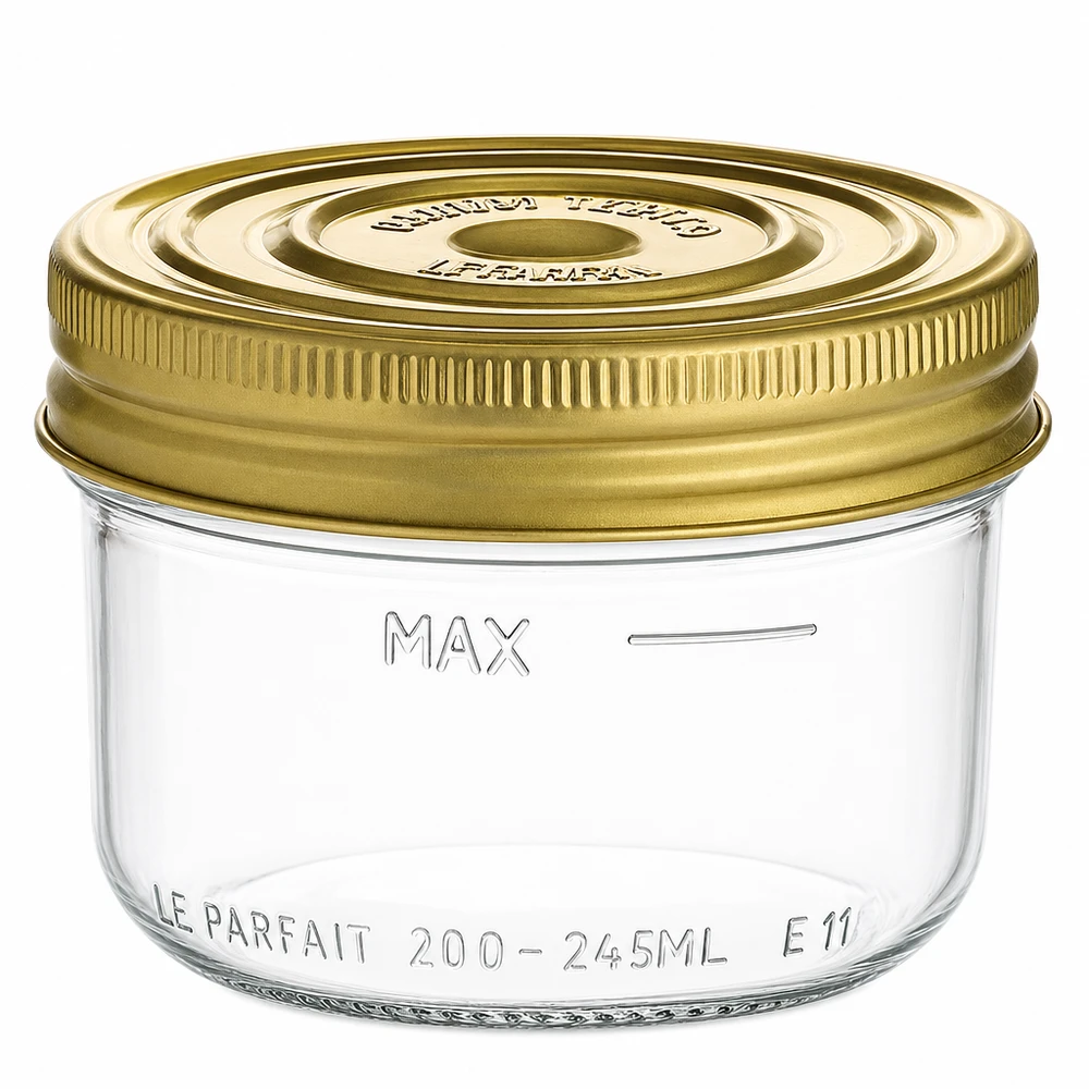 Le Parfait® Familia Wiss 200 g Ø82 mm pot 245 ml Familia Wiss metselpot met gouden schroefdeksel en vulpeilmarkering voor inmaken en conserven
