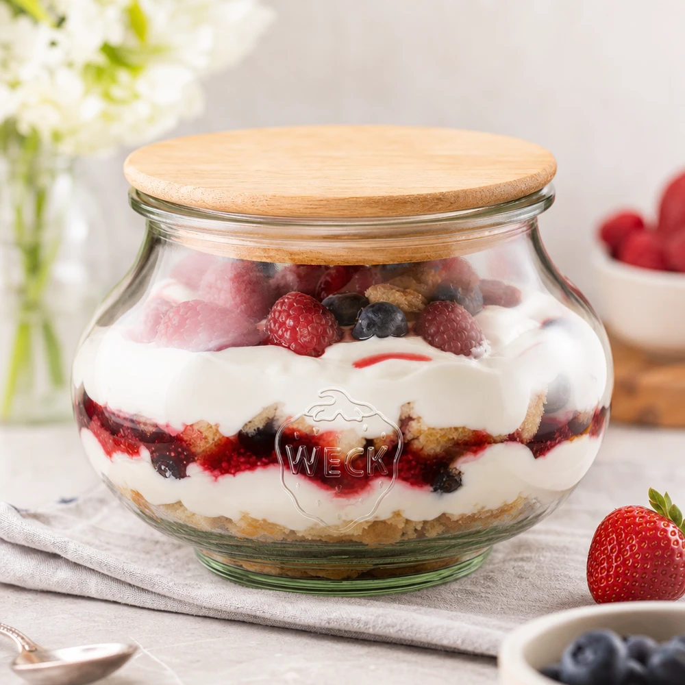 WECK decoratieve pot 560ml RR80 houten deksel gevuld met bessen gelaagd dessert op wit oppervlak keuken decoratie