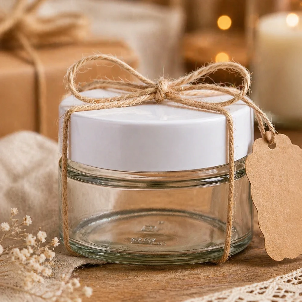 130ml rond glas met BasicSeal deksel wit UNiTWIST 130ml BasicSeal witte ronde glazen pot als geschenkverpakking met jute koord en label - DIY geschenk glazen pot