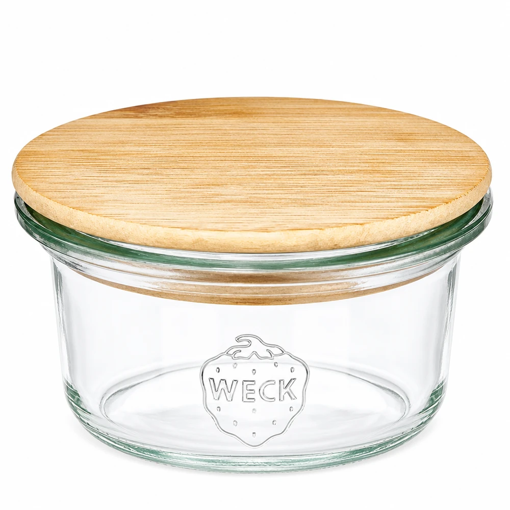 50ml mini-tumblers WECK RR60 met rond houten deksel van bamboe, transparant potje met WECK-logo