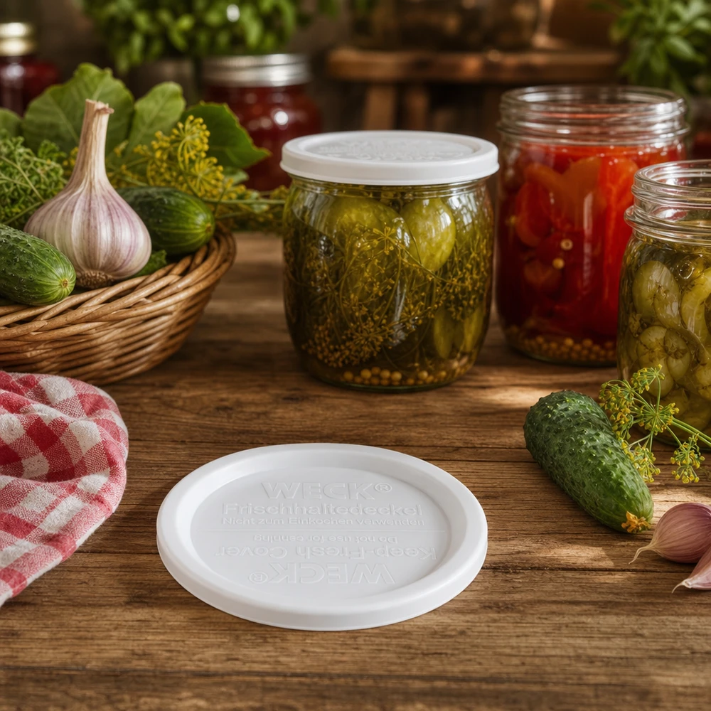 WECK vershoudend deksel RR120 WECK RR120 vershouddeksel in rustieke inmaakkeuken met ingemaakte komkommers, tomaten en verse kruiden