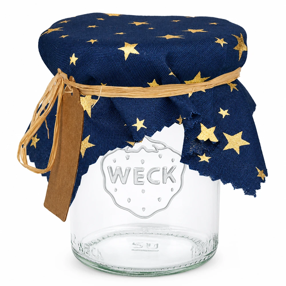 Stoffen doily blauw met gouden sterren op Weck inmaakpot met strik en etiket 15cm vierkant