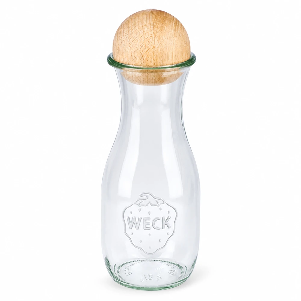 530ml sapflessen WECK RR60 met houten bal 530ml WECK sapfles RR60 van glas met houten bol beukenhouten sluiting transparant glazen fles met WECK logo