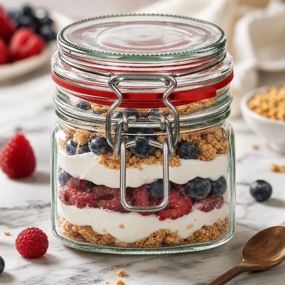 Inmaakpot met klemdeksel 370ml gevuld met een gelaagd dessert van bessen en yoghurt