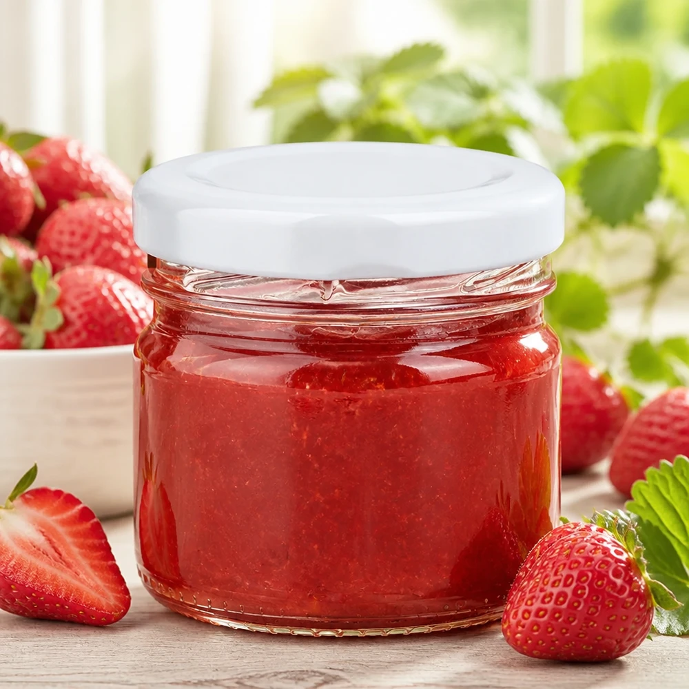Compact portieglas UNiTWIST van 33 ml met BasicSeal-deksel voor aardbeienjam