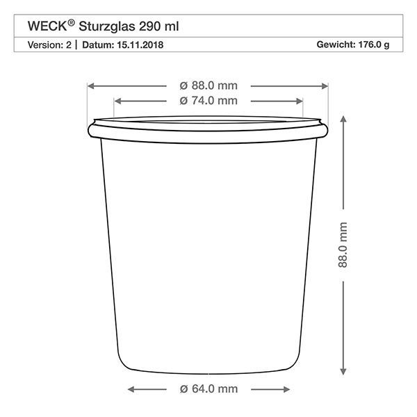 290ml stortglas hoge met glazen deksel WECK RR80 Technische tekening WECK beker 290ml RR80 met afmetingen Diameter 88mm Hoogte 88mm Gewicht 176g