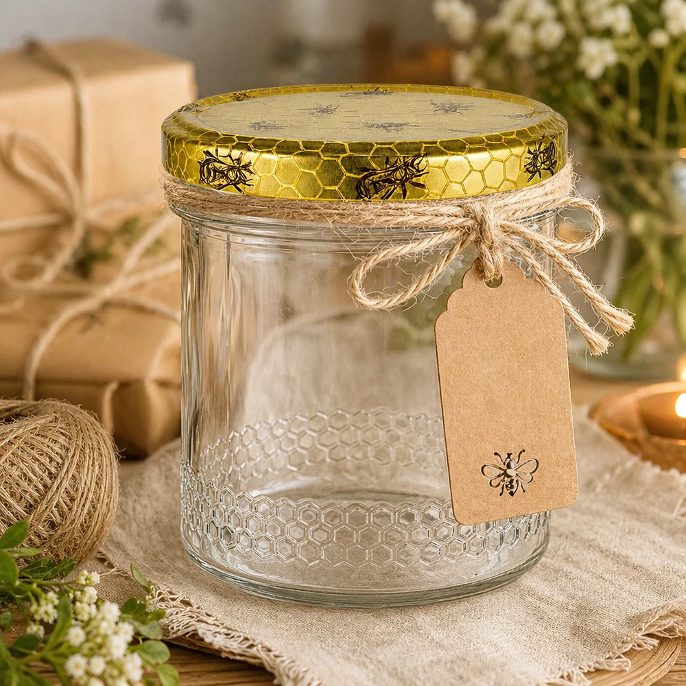 Honingpot 560 g met honingraatmotief-deksel BasicSeal UNiTWIST 400ml honingpot decoratief met raffia koord en hanger, gouden bijenpatroon deksel, rustieke geschenkverpakking