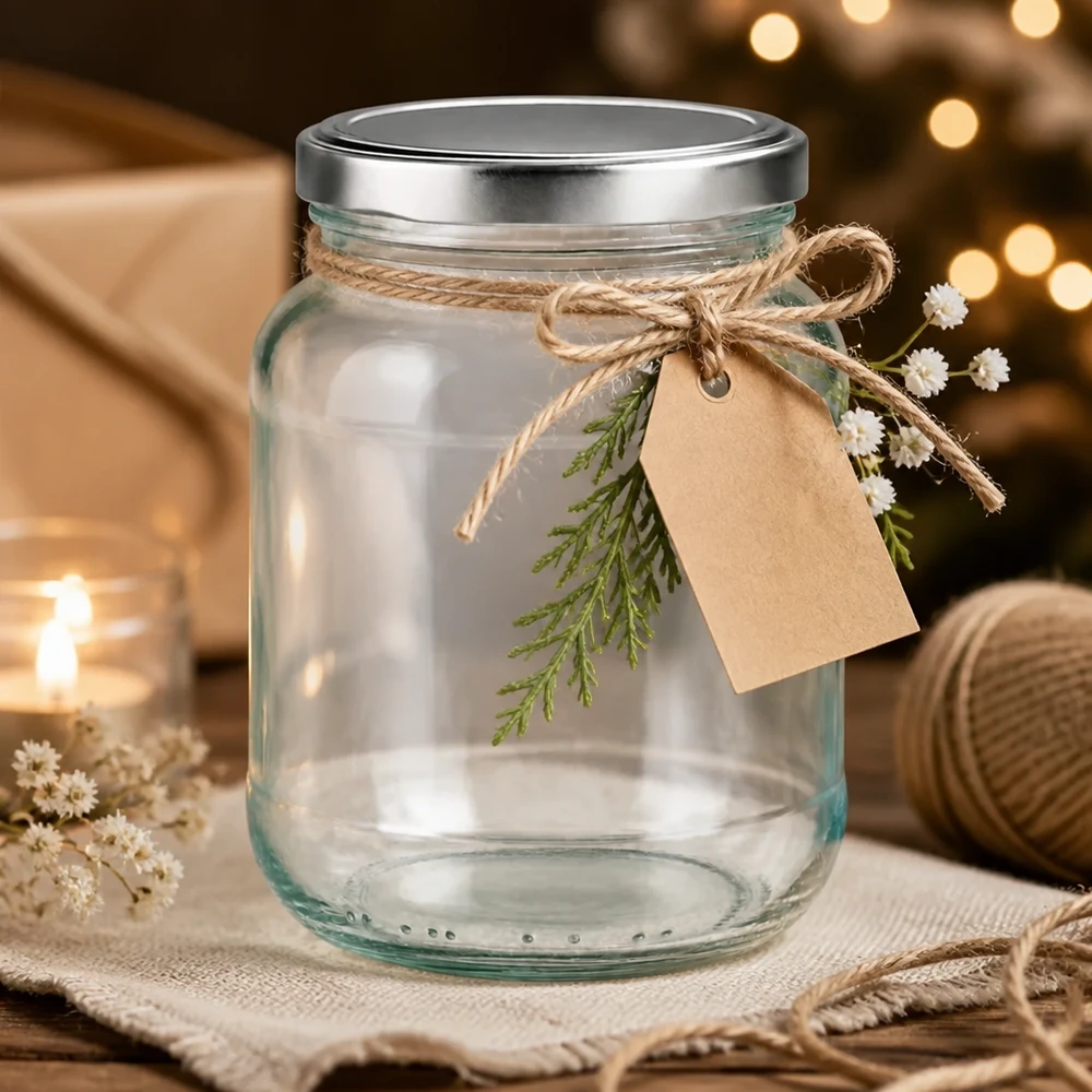 370 ml ovale pot met zilveren BasicSeal deksel als cadeau-idee gedecoreerd met jute koord en cadeaulabel