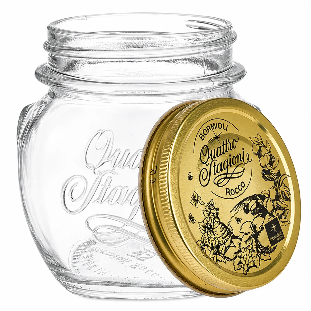 300 ml rond glas "Quattro Stagioni" met deksel Bormioli Rocco Quattro Stagioni 300ml ronde pot met gouden schroefdeksel Inmaakpotje