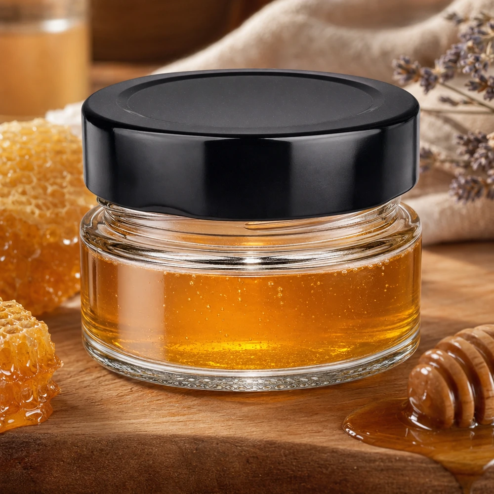 80ml rond glas met BasicSeal deksel zwart deep UNiTWIST 80ml rond potje met zwart BasicSeal deksel gevuld met honing Honingraat houten lepel natuurlijk keukenschouwspel