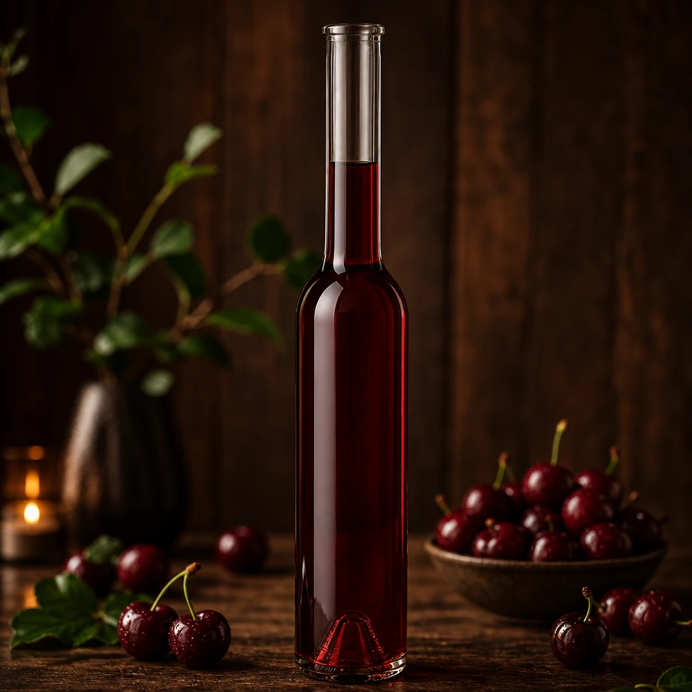 200 ml glazen fles Hugo zonder sluiting UNiTWIST® 200 ml glazen fles Hugo gevuld met rode kersenlikeur verse kersen kom warme verlichting houten tafel