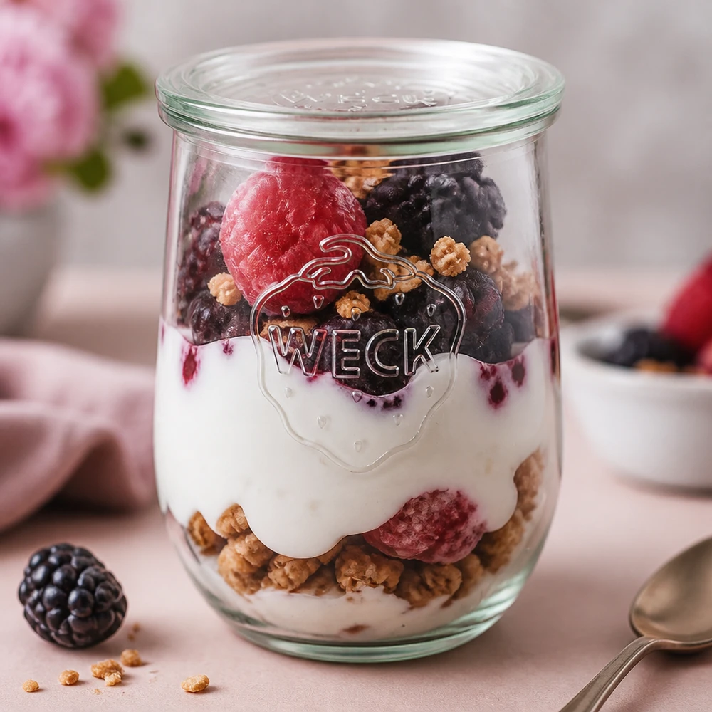 1062ml tulpenglas met glazen deksel WECK RR100 WECK tulp pot 1062ml gevuld met yoghurt bessen muesli gelaagd dessert RR100 pot deksel ontbijt parfait roze backgru