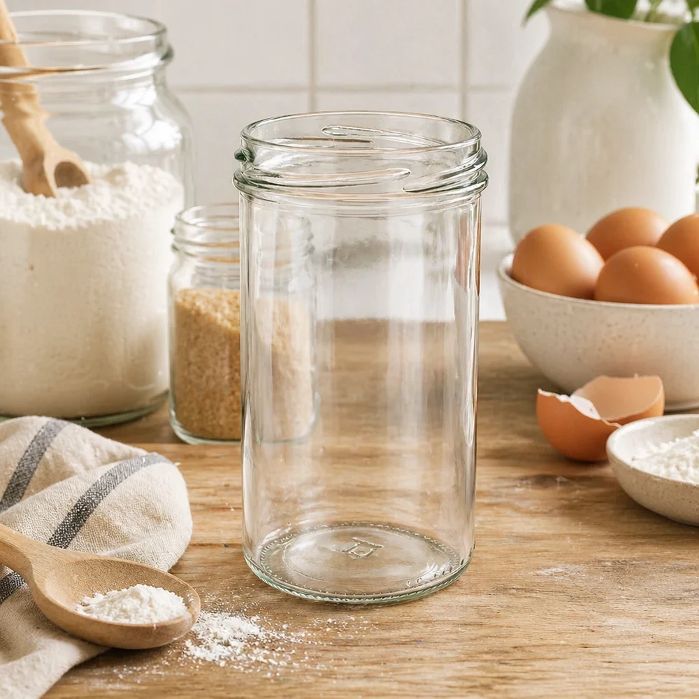 277ml beker zonder deksel (TO66) UNiTWIST UNiTWIST bekers 277ml TO66 leeg op houten tafel met keukengerei eieren en bloem in rustieke keuken