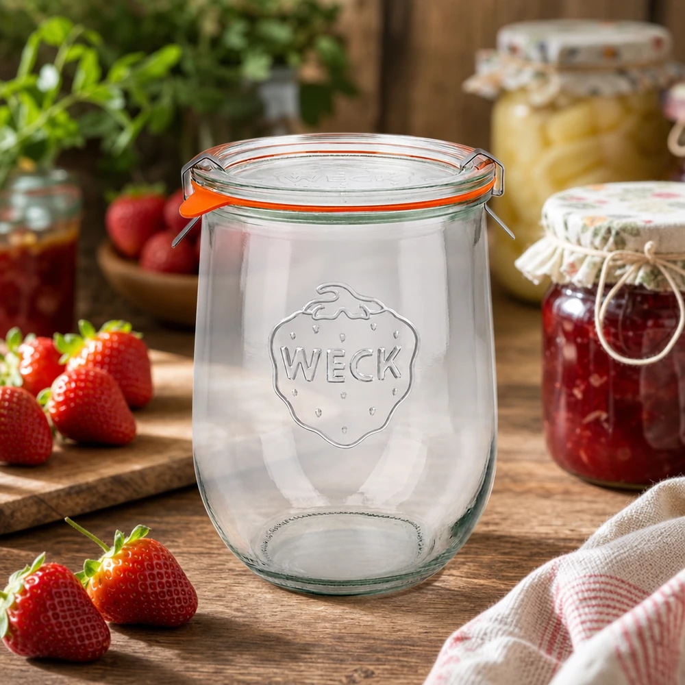 WECK tulpenpot 1062ml RR100 leeg met aardbeien en zelfgemaakte jam op rustieke houten tafel in keuken