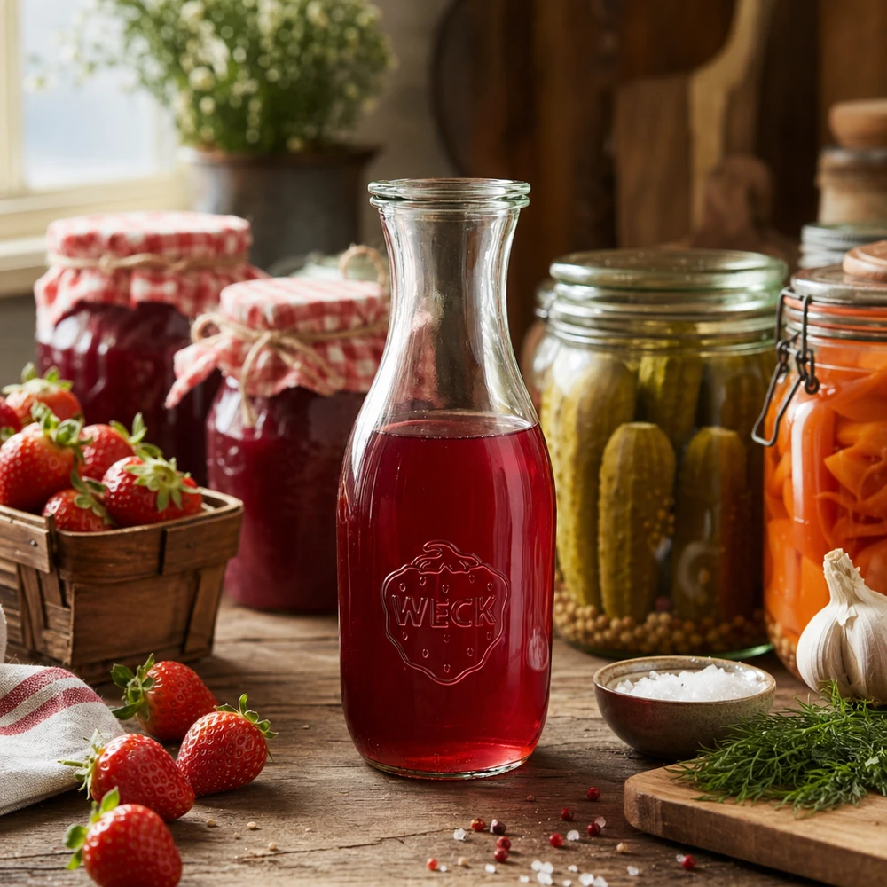 Sapfles van 1062 ml met glazen deksel WECK RR60 WECK sapfles 1062ml gevuld met rode aardbeiensap omringd door verse aardbeien en inmaakpotten in keuken