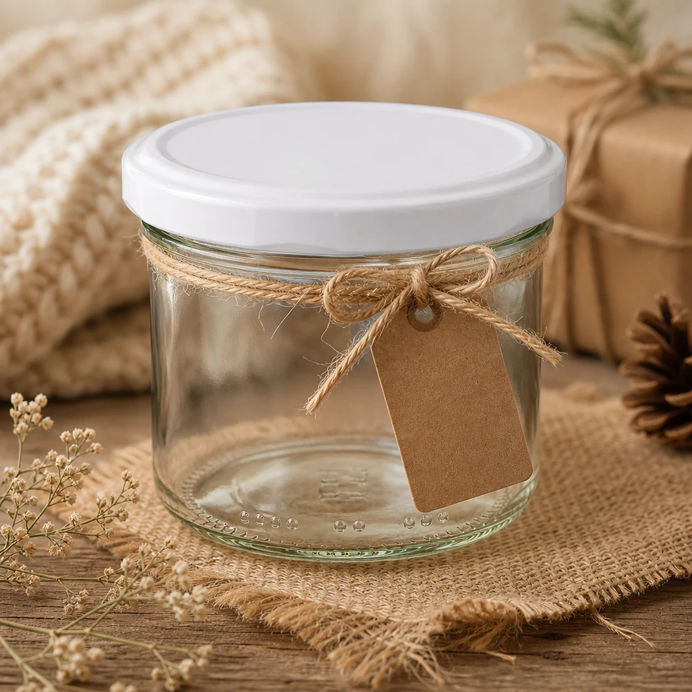 230ml cilindrische pot met BioSeal deksel wit UNiTWIST 230 ml cilinderpot met wit BioSeal deksel en kadotag in een rustiek decor met jute en dennenappels