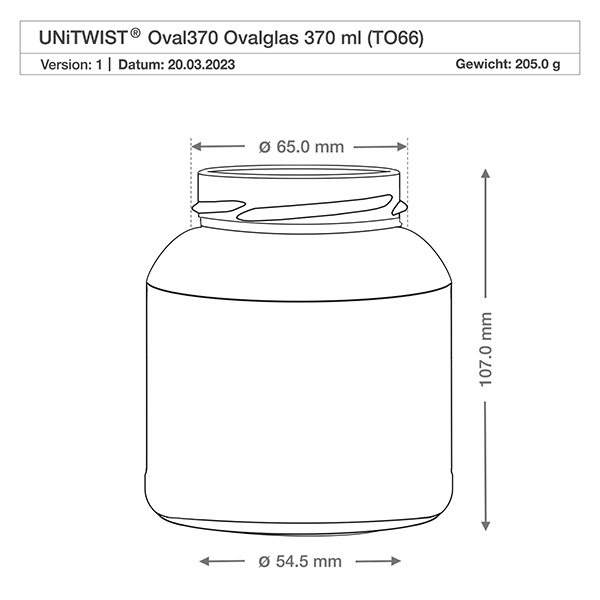 370ml ovaal glas deksel (TO66) UNiTWIST Technische tekening UNiTWIST Oval370 Ovaal glas 370ml TO66 met afmetingen Diameter 65mm Hoogte 107mm Gewicht 205g