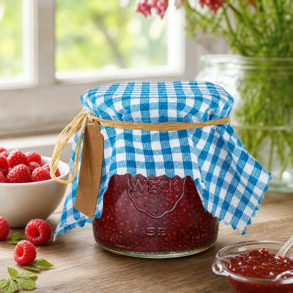 Turquoise geruite stoffen decoratieve onderlegger 15cm voor zelfgemaakte jam met frambozen in een decoratief ontwerp