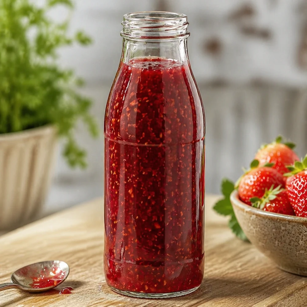 500ml fles zonder deksel (TO48) UNiTWIST 500ml glazen fles zonder deksel TO48 UNiTWIST gevuld met rode jam naast verse aardbeien op een houten tafel