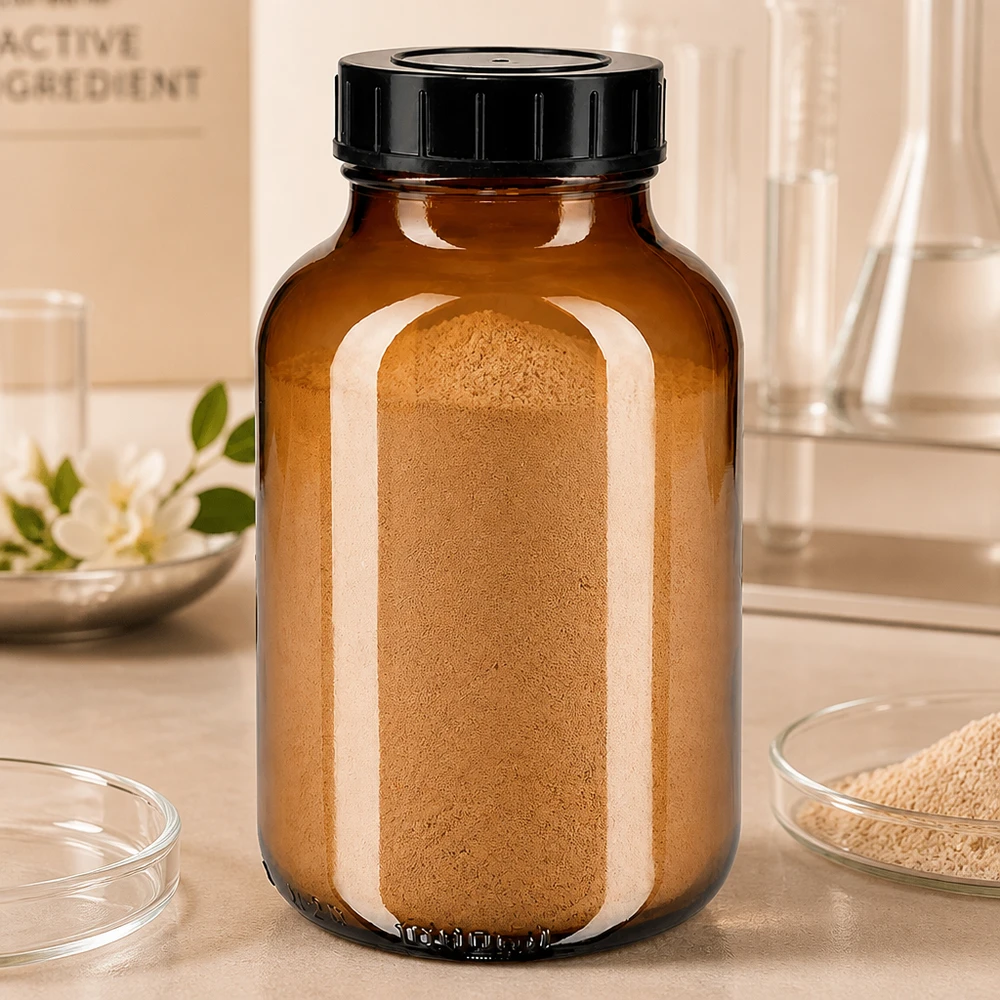 Grote 1000ml apothekersfles van amberkleurig glas met praktische wijdmondse dop voor poeder