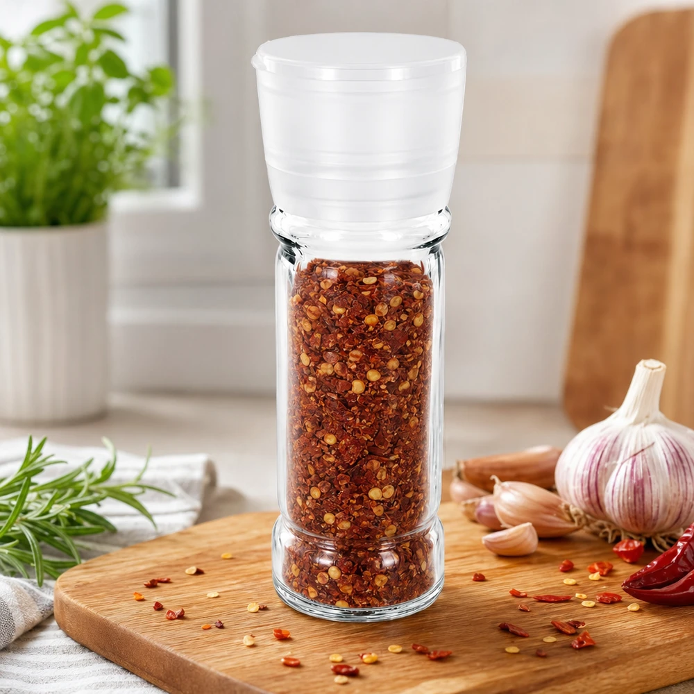 Zout-/kruidenpotje 100 ml met molen Vario wit Cilindrische kruidenpot van 100 ml met wit maalwerk voor chilivlokken en peperoni