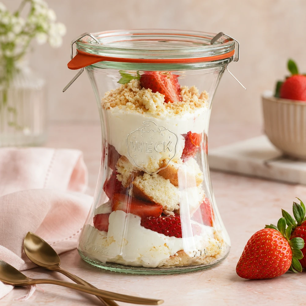 370 ml delicatessenpot, compleet WECK RR80 WECK delicatessenpot 370ml met aardbeien dessert gelaagd dessert yoghurt kruimels roze ambiance dessert in een potje