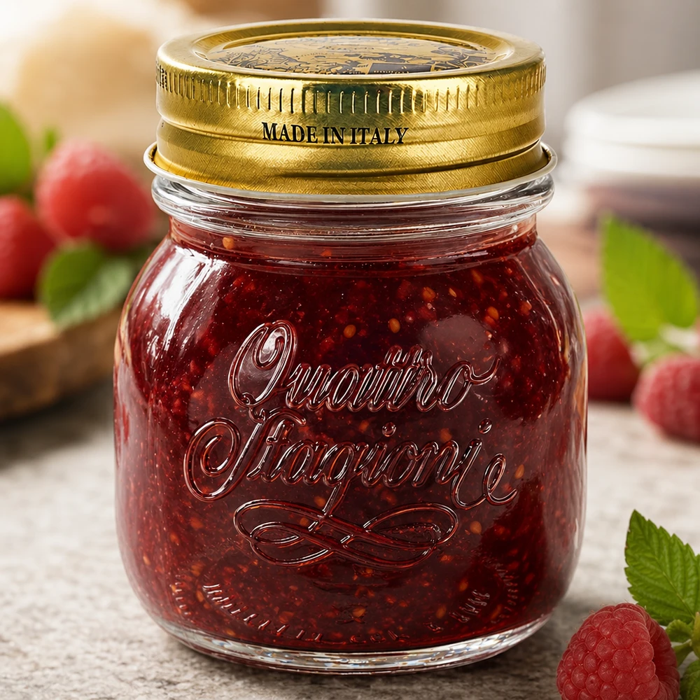 150 ml rond glas "Quattro Stagioni" met deksel 150 ml ronde pot Quattro Stagioni met gouden deksel Gemaakt in Italië gevuld met rode jam en verse bessen