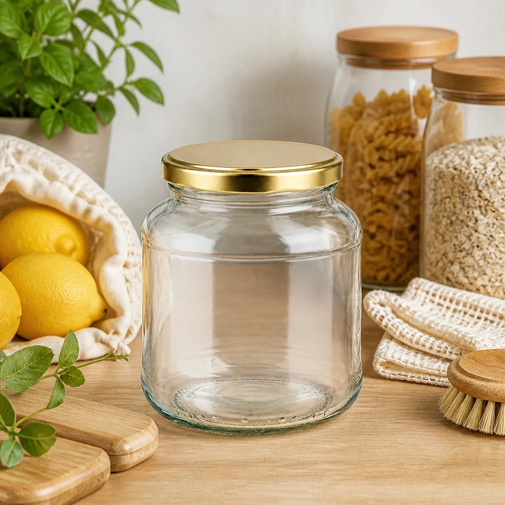370ml ovaal glas met BasicSeal deksel goud UNiTWIST 370 ml ovale pot leeg met gouden BasicSeal deksel UNiTWIST in een natuurlijke keukenomgeving met citroenen en kruiden