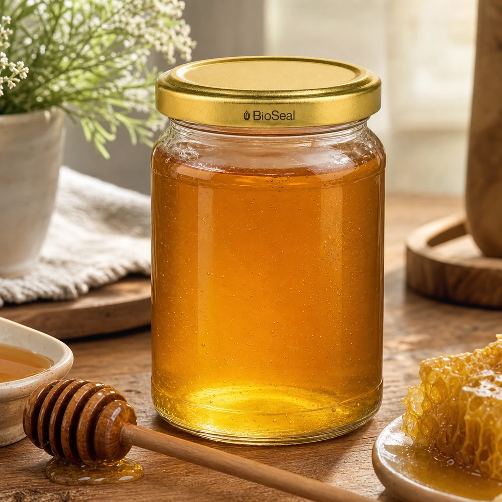 UNiTWIST Runda205 honingpot gevuld met gouden honing TO58 BioSeal deksel Bijenteeltproduct Natuurlijke honing in een glazen pot
