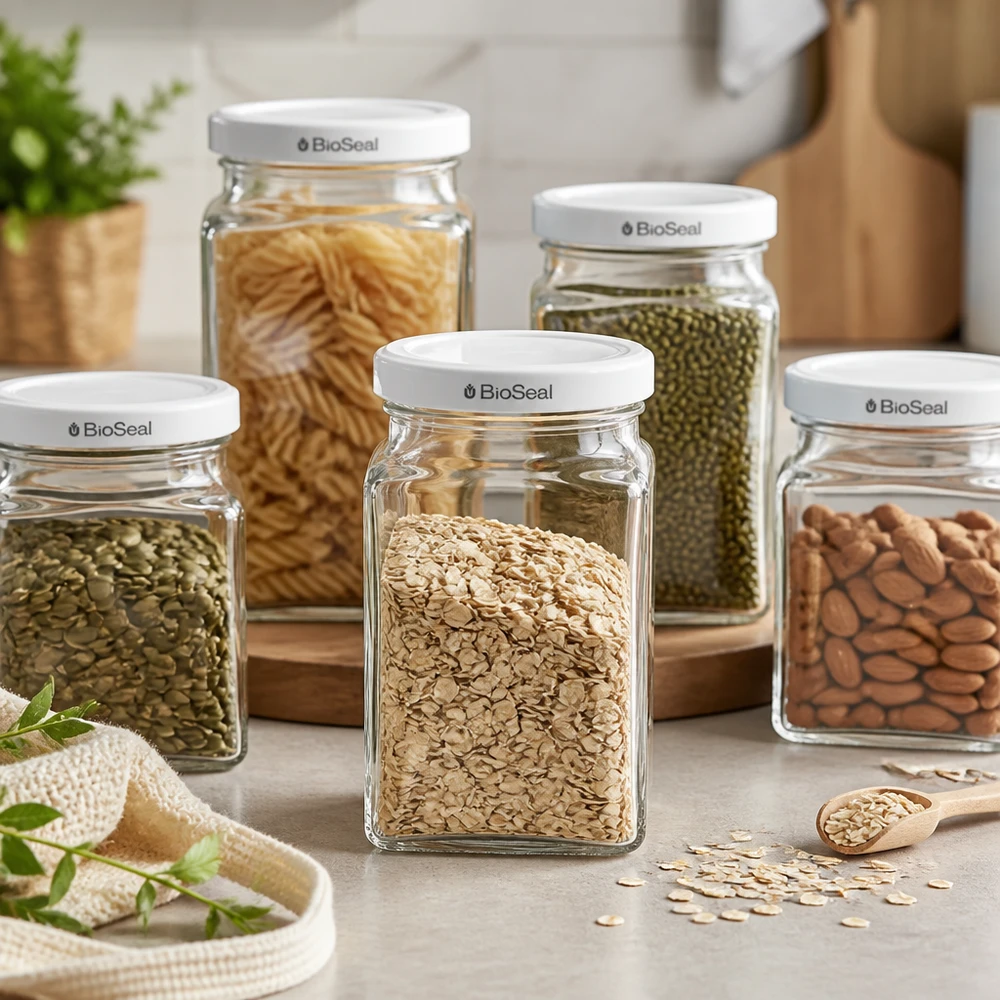 260ml tetraglas met BioSeal deksel wit UNiTWIST UNiTWIST Tetra260 voorraadpotten set met havervlokken mungbonen noedels amandelen wit TO58 BioSeal deksel Pantry Organisati