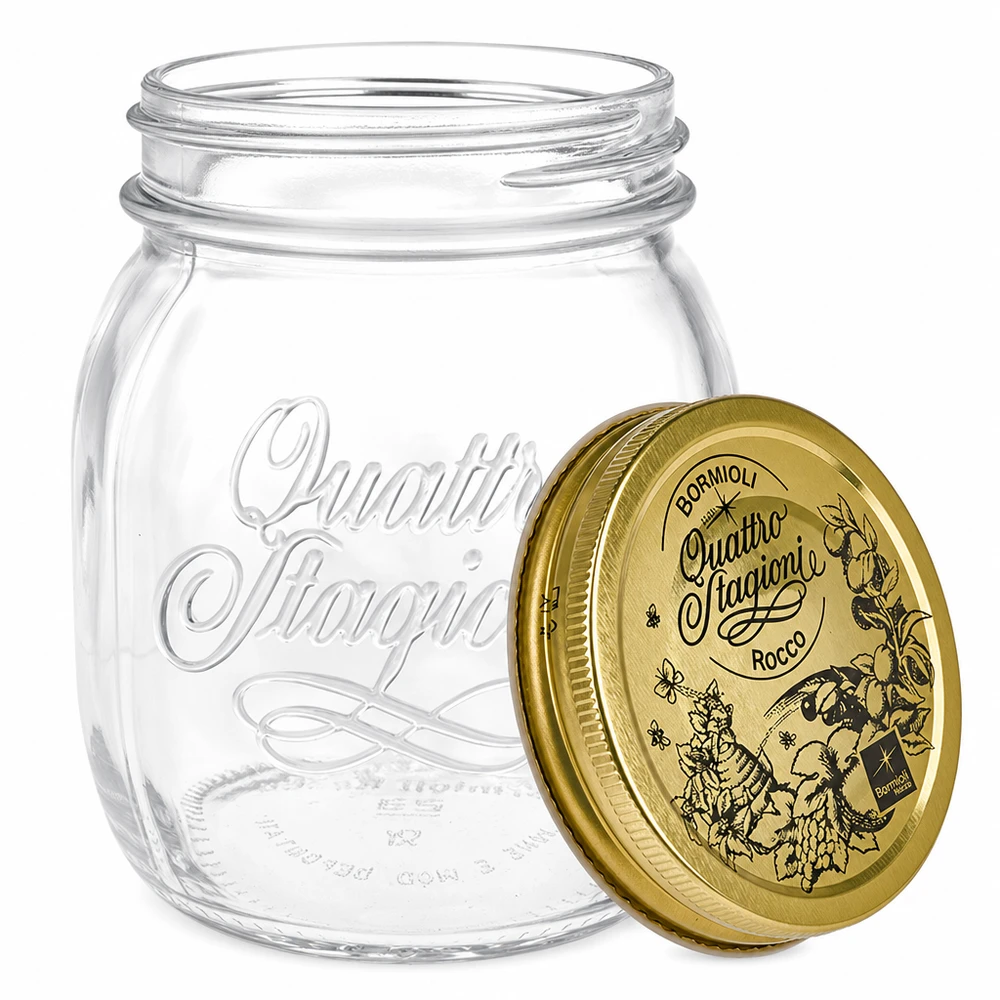 700 ml rond glas "Quattro Stagioni" met deksel Quattro Stagioni inmaakpot 700ml met afneembaar schroefdeksel Detail Italiaanse inmaakpot