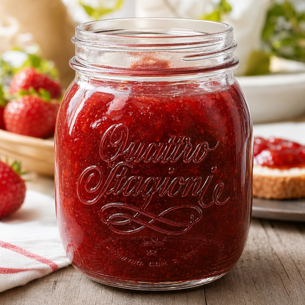 700ml Quattro Stagioni huishoudpot gevuld met rode jam naast verse aardbeien op houten tafel