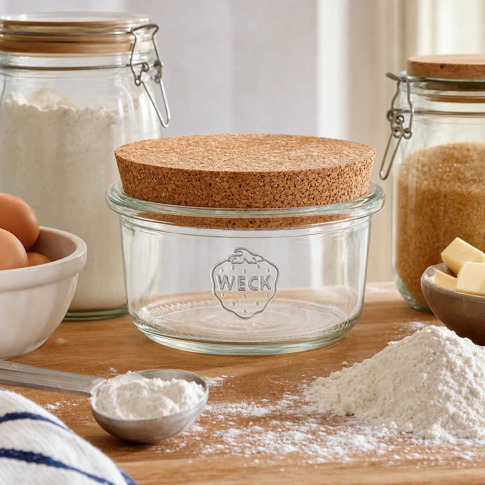 165ml stortglas WECK RR80 met kurk WECK voorraadpot 165ml RR80 kurken deksel keuken baking ingrediënten bloem eieren boter natuurlijke opslag keukenscène
