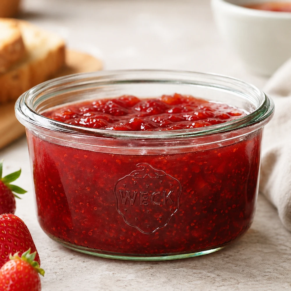 WECK RR80-pot van 165 ml 165 ml WECK RR80 pot gevuld met rode aardbeienjam op een witte houten tafel naast verse aardbeien en brood