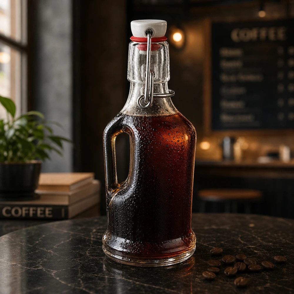 200 ml glazen fles Bertha en PVC-sluiting UNiTWIST® 200ml Glasflasche Bertha mit dunklem Kaffee-Sirup befüllt, Bügelverschluss UNiTWIST, Coffeeshop-Atmosphäre