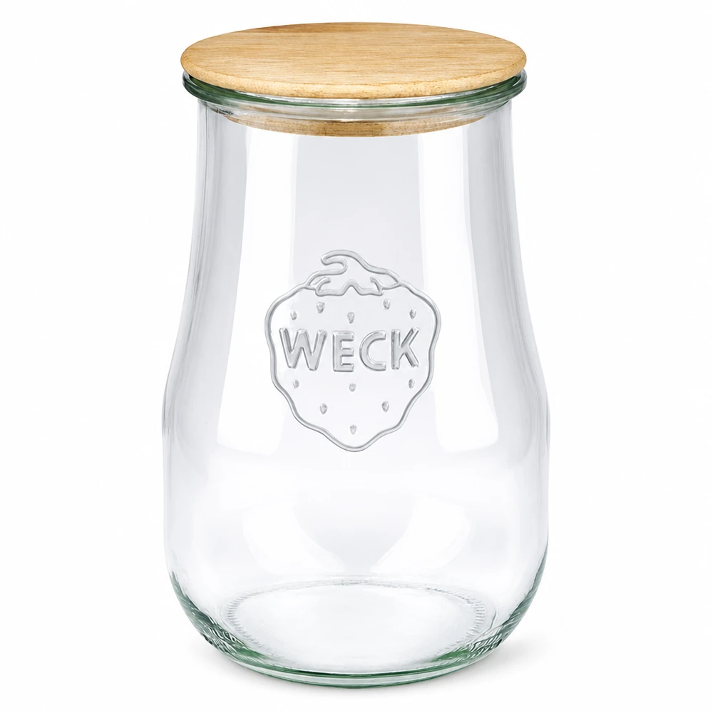WECK inmaakpot 1750ml tulpvorm met houten deksel van bamboe, heldere pot met WECK logo, voorraadpot voor keuken