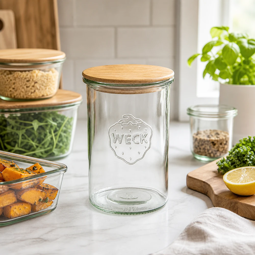 WECK bekers 1000ml RR100 leeg met houten deksel in moderne keukenscène met groenten en andere voorraadpotten