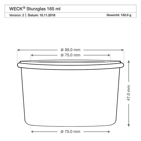 165ml stortglas WECK RR80 met kurk Technische tekening 165ml WECK beker RR80 met afmetingen 88mm diameter 47mm hoogte 132g gewicht