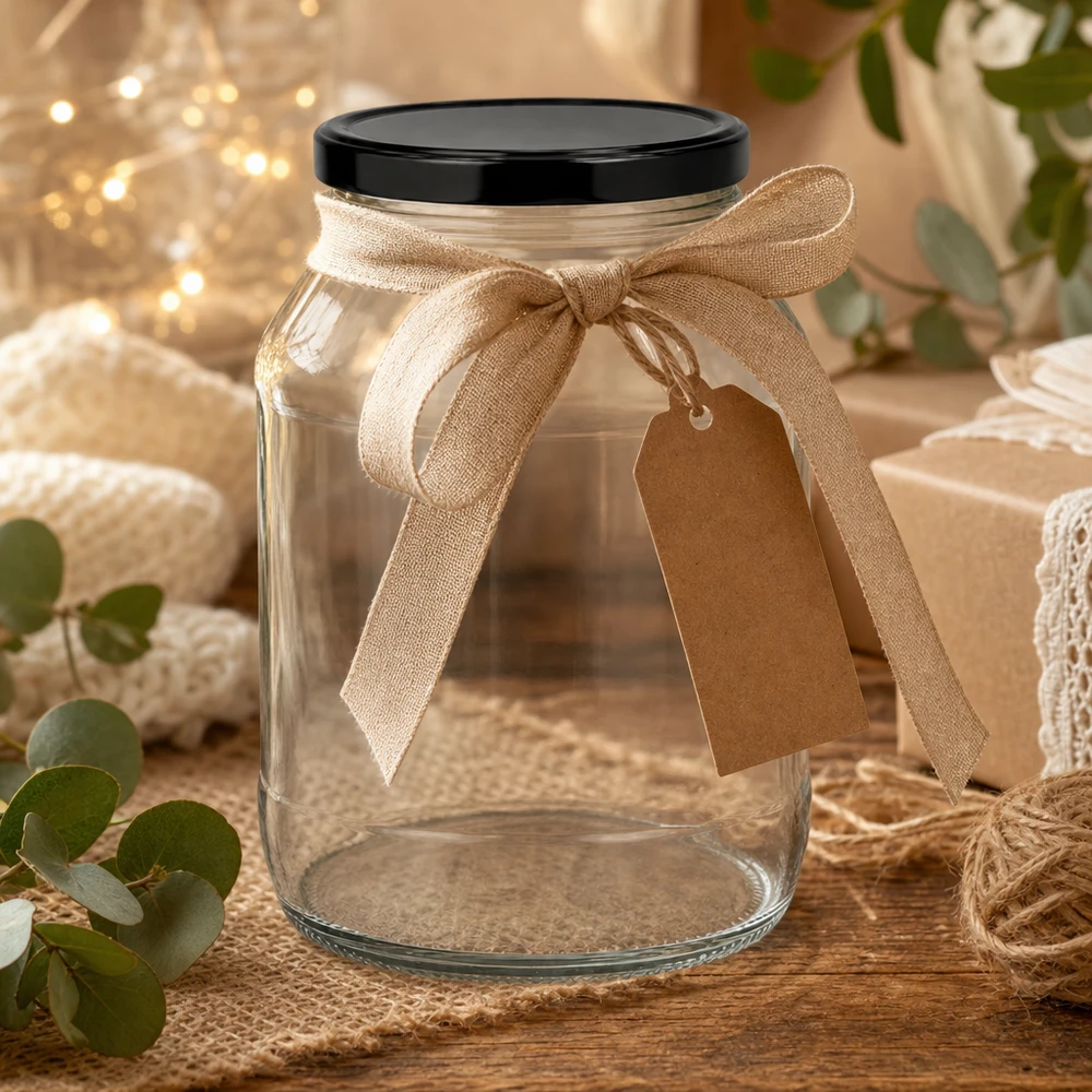 2650ml rond glas met BasicSeal deksel zwart UNiTWIST Grote ronde pot van 2650 ml met zwart deksel als cadeau versierd met een beige strik en hanger in een rustieke sfeer.