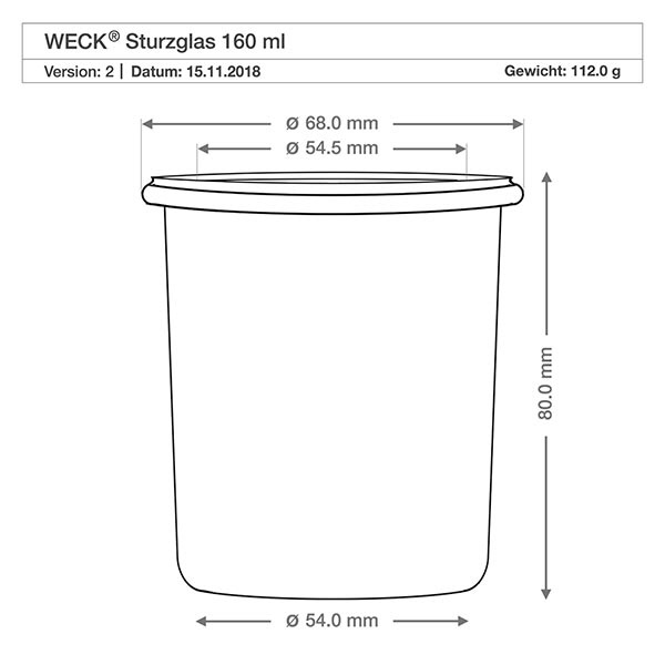 160ml stortglas WECK RR60 met kurk WECK 160ml RR60 beker technische tekening met afmetingen diameter 68mm hoogte 80mm gewicht 112g