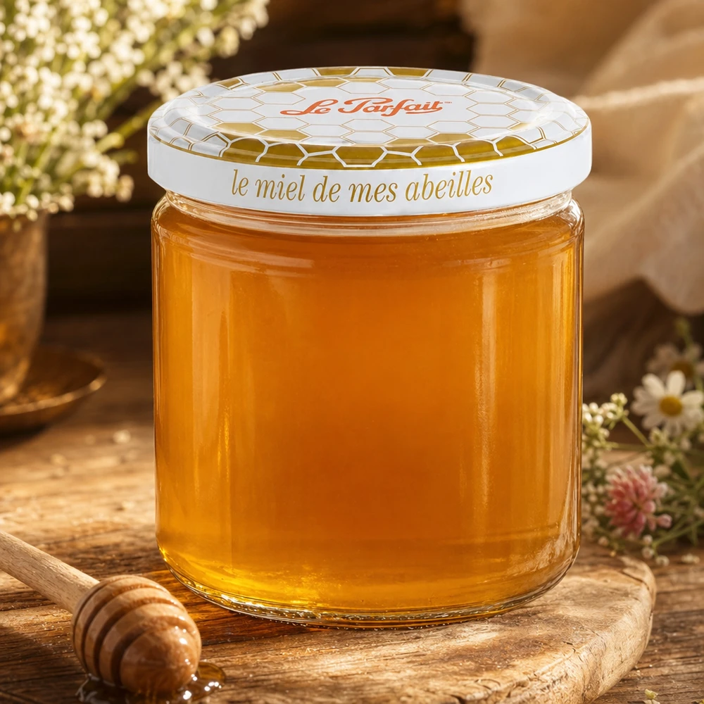 Le Parfait® honingpot 212 ml Ø63 mm Le Parfait Honing voorraadpot 212ml gevuld met gouden honing op een houten plank met honinglepel en bloemen