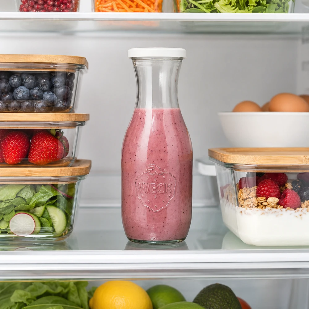 Sapfles van 1062 ml met vershouddeksel WECK RR60 WECK sapfles 1062ml met bessensmoothie in de koelkast tussen vershoud- en bewaarcontainers