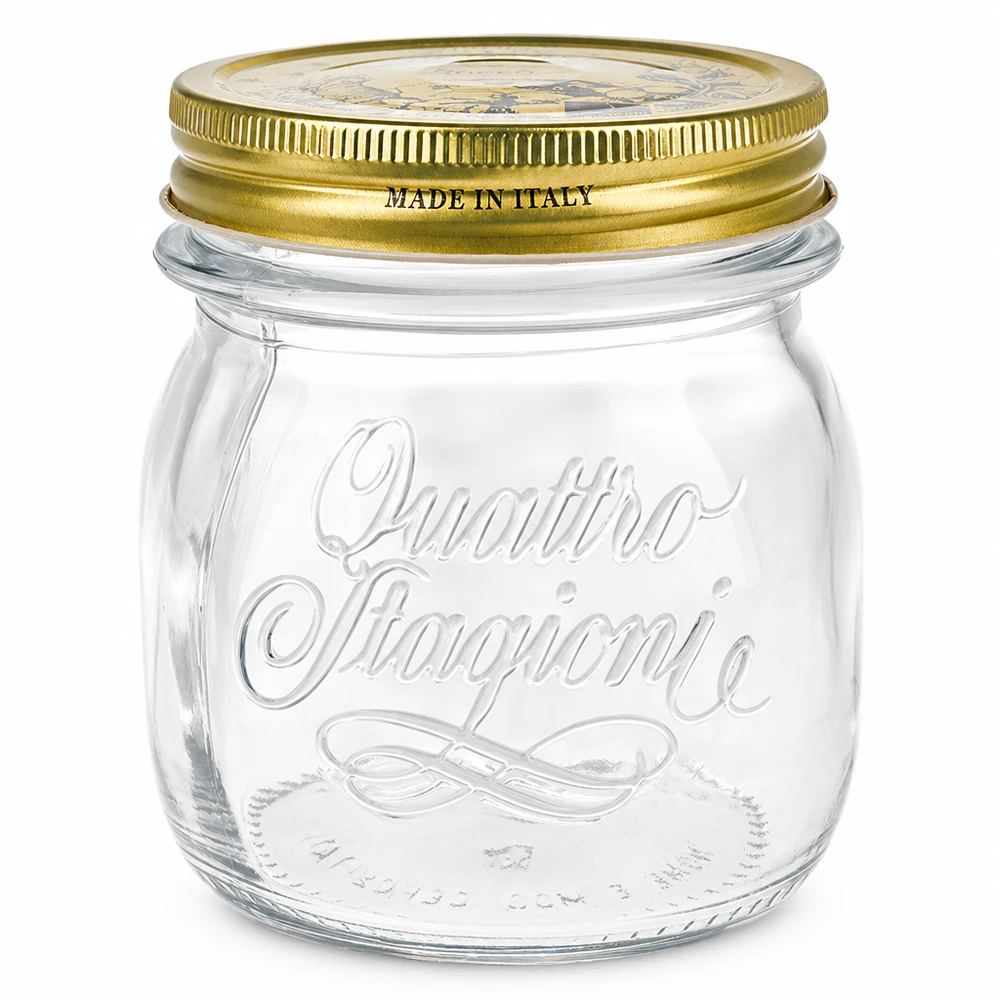 250 ml rond glas "Quattro Stagioni" met deksel 250ml ronde pot Quattro Stagioni met gouden deksel Made in Italy Inmaak- en voorraadpot